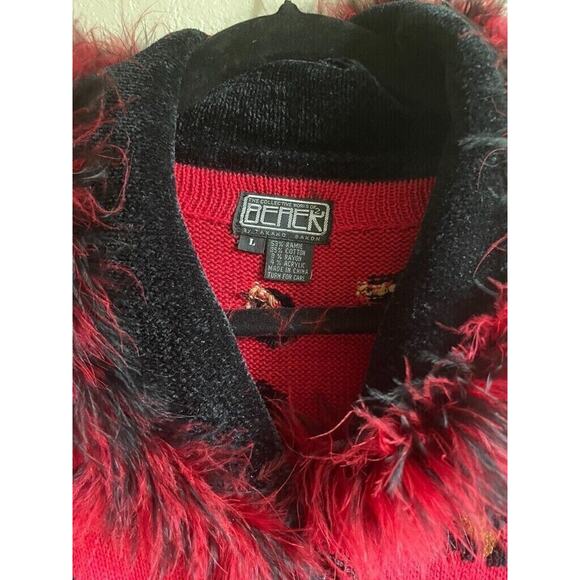 Berek 2 Knit Cardigan Sweater Beaded Animal Sz Large Embellished Red Black - Picture 7 of 7